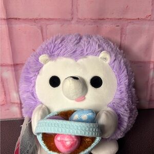 Lavender Plush Hedgehog Small Pet Toy Holding Blue Basket of Decorative Eggs